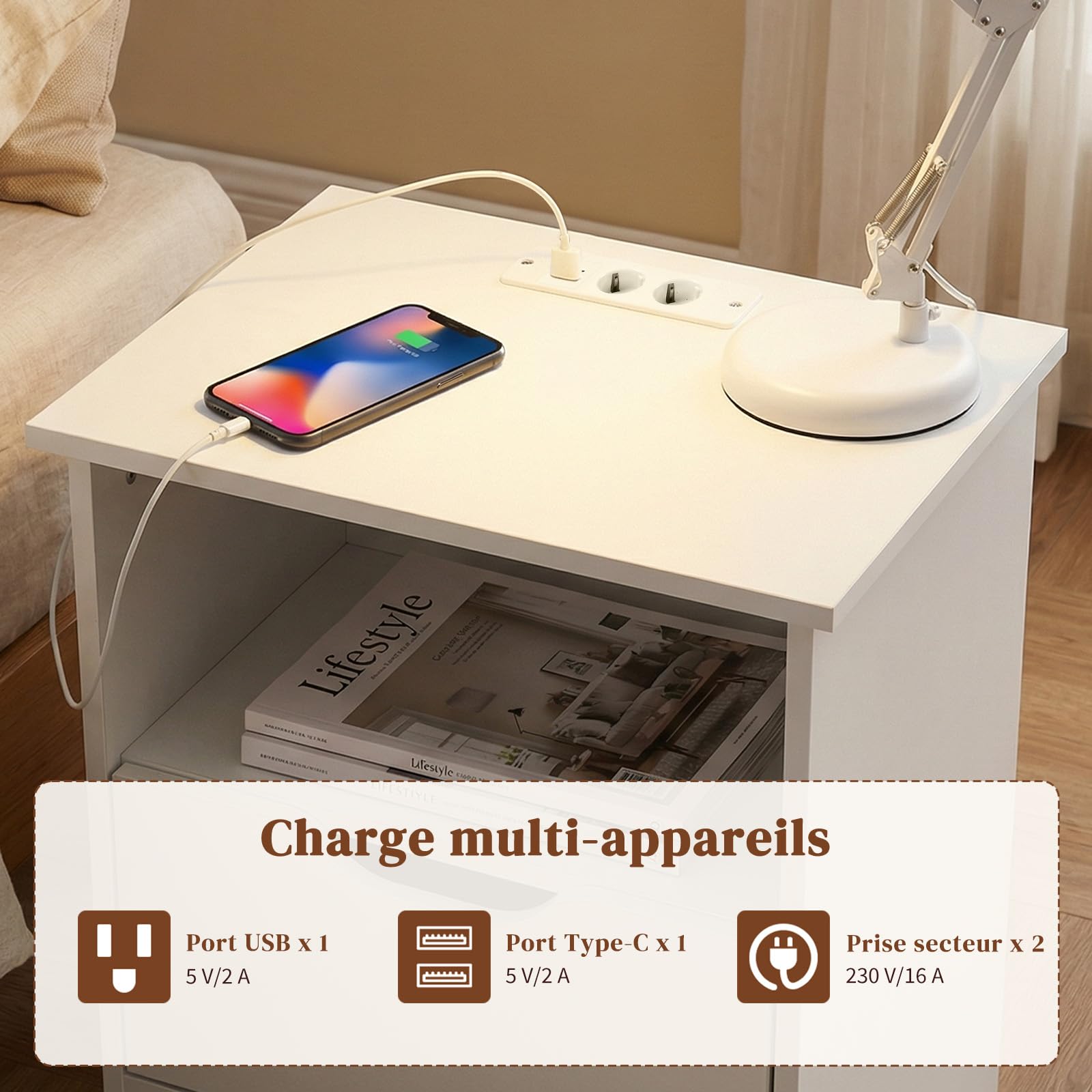 LEADZM Table de Chevet avec Station de Charge et Ports USB,Table d'appoint avec 2 tiroir 1 étagère Ouverte, Commode de Nuit, 40 x 30 x 60cm (1, Blanc)