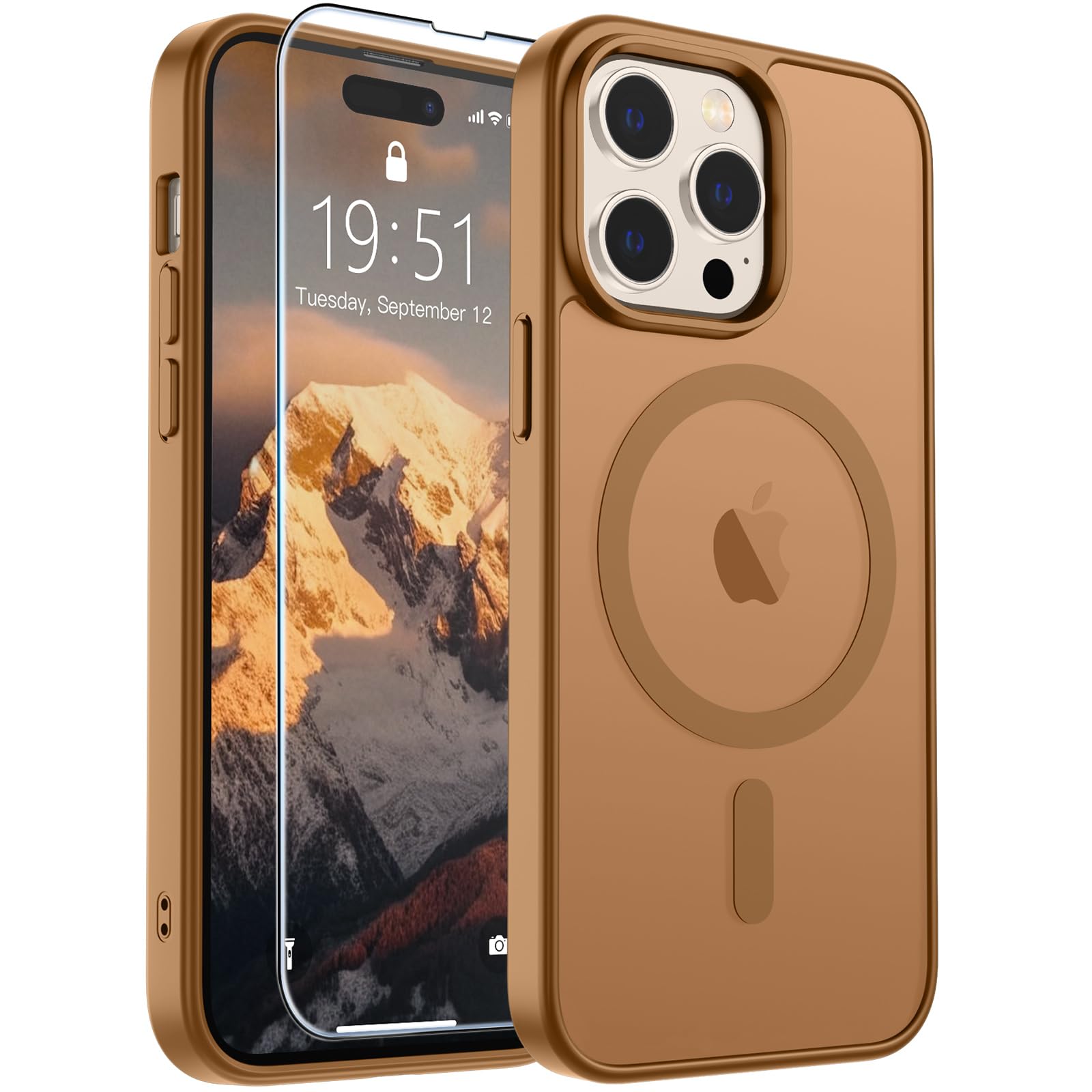 SUPFINE Magnetic for iPhone 14 Pro Case Brown | With Screen Protector, Translucent Matte, Compatible with MagSafe, Military Grade Drop Proof, Rugged Shockproof Protective
