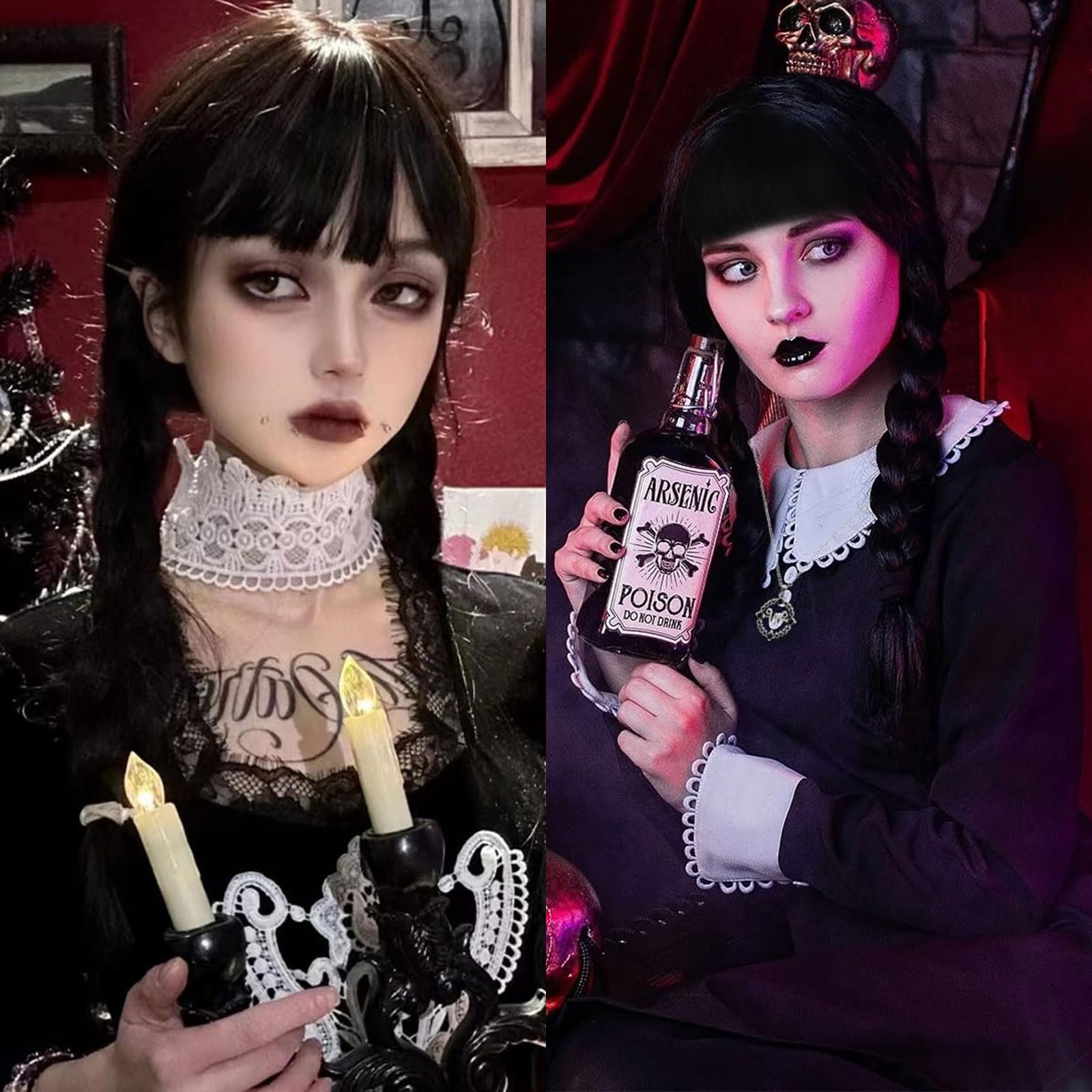Parrucca Donna Addams, Halloween Parrucca Nera Lunga Intrecciate per Costumi Cosplay