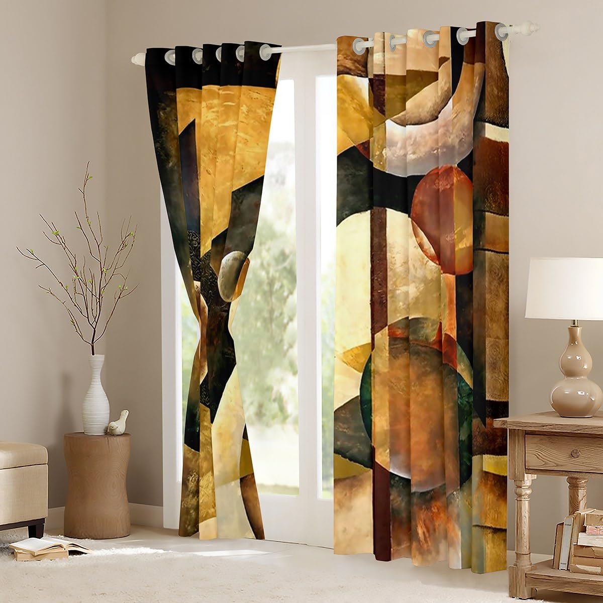 Tende per finestre marroni e blu tende geometriche per camera da letto soggiorno per bambini in lino con arti astratte 30% -50% tende oscuranti arancioni tendaggi per finestre, 132 x 160 cm (larghezza