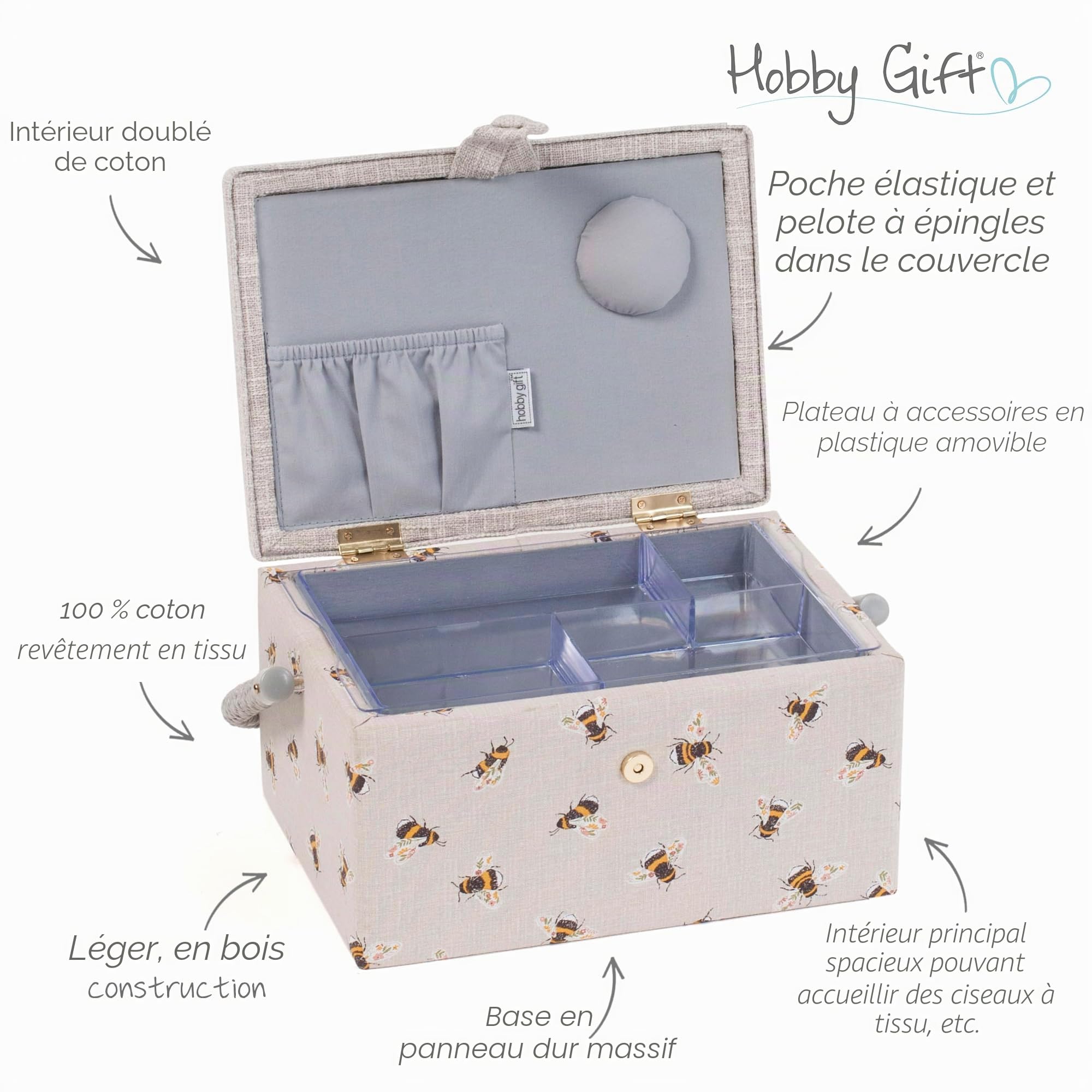 Hobby Gift Boîte de rangement pour artisanat de couture brodée exclusive de taille moyenne, Abeille brodée