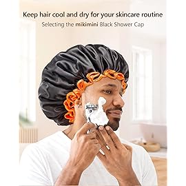 mikimini Extra Large Black Shower Caps Pack of 2 for Women and Men Thick Long Hair Braids, Reusable Waterproof Double Layers XL Bathing Hair Cap with Vibrant Orange Edge (Black)