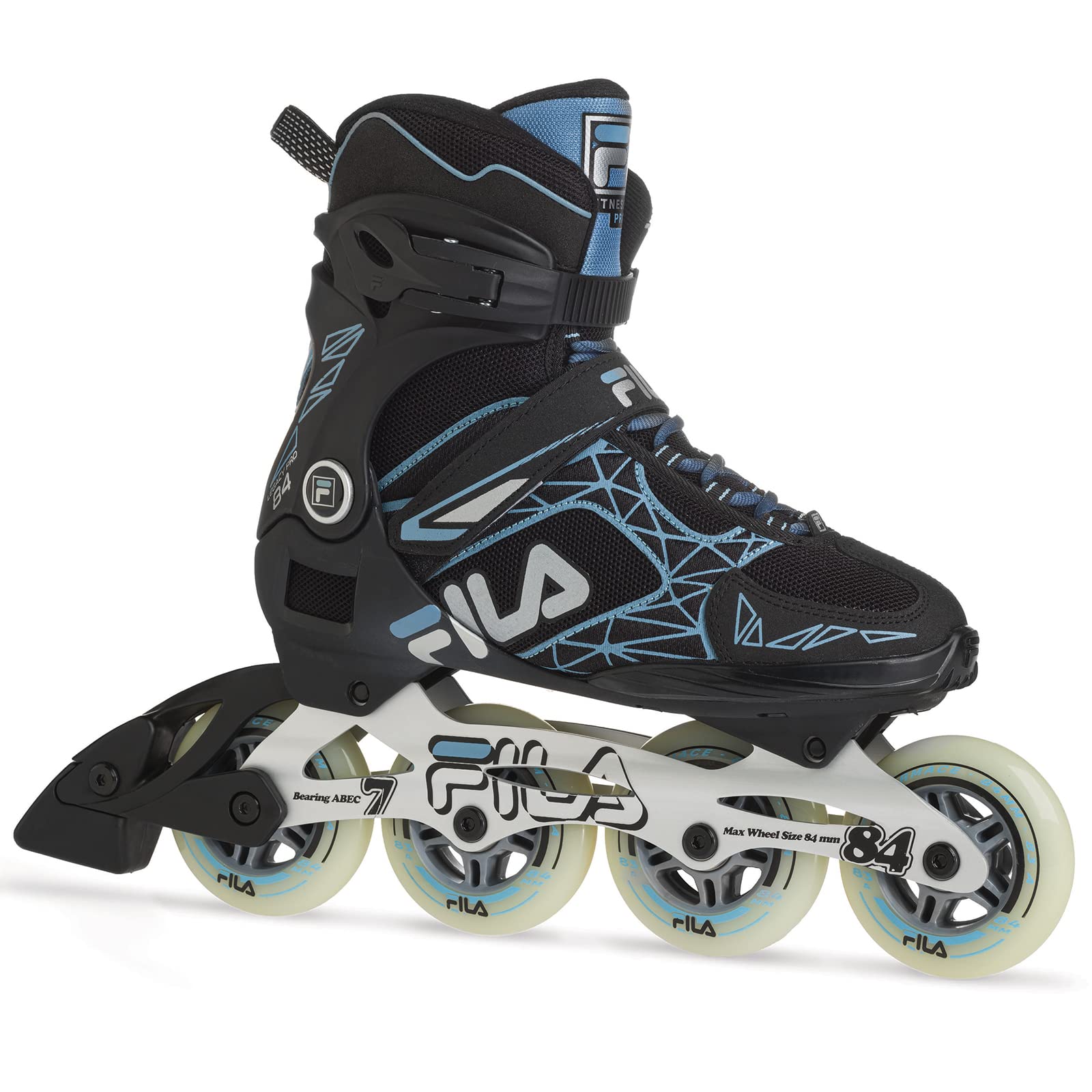 FILA Legacy Pro 84 Fitness Inline Skates for Men and Women - Airflow Technology, 84mm Wheels, ABEC 7 Bearings, High Cuff Support - Black/Blue, Women 7