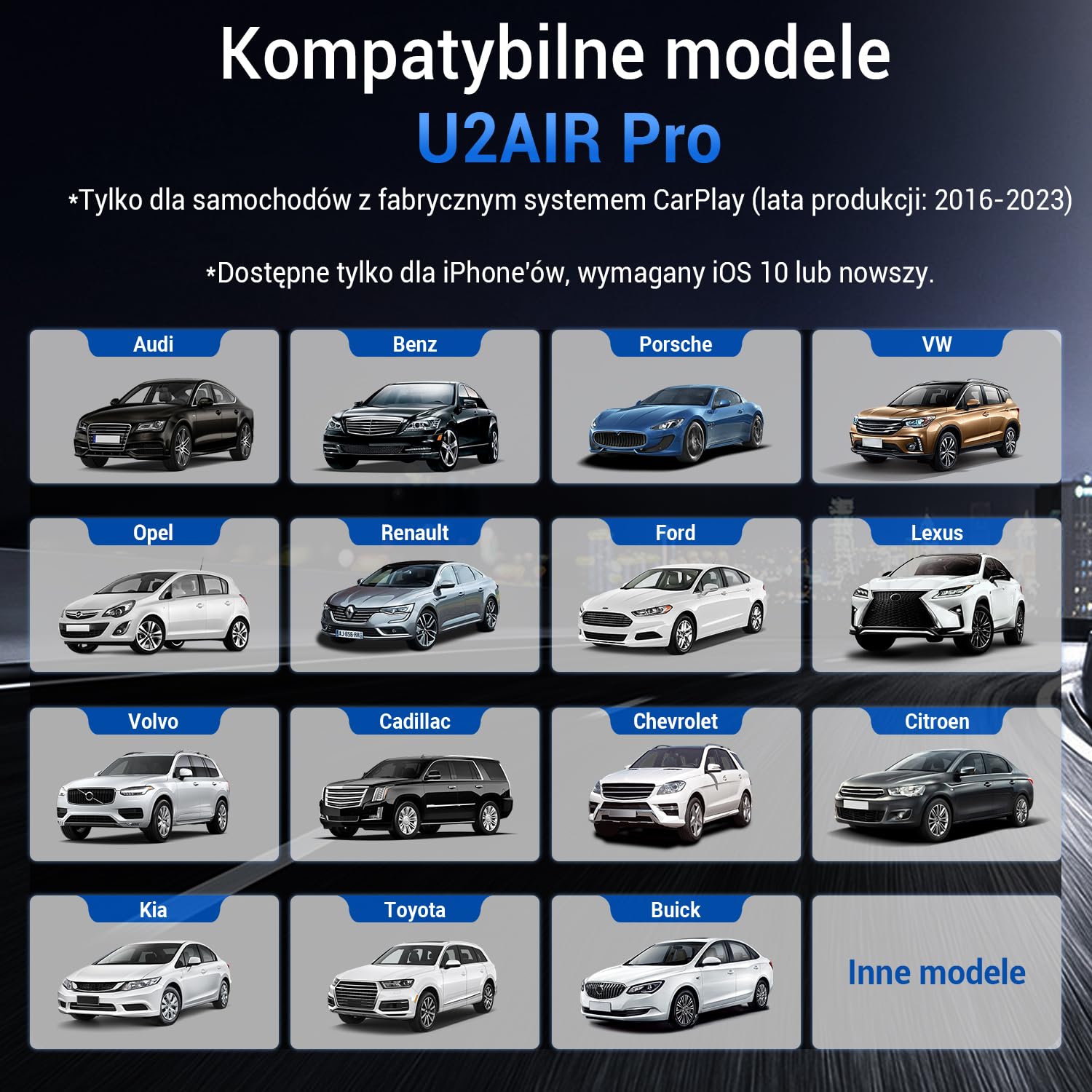 Ottocast Bezprzewodowy CarPlay Wireless adapter, U2AIR Pro Wireless Car Play Dongle Plug Play do fabrycznych przewodowych samochodów CarPlay(rok modelowy: 2016 do 2023)
