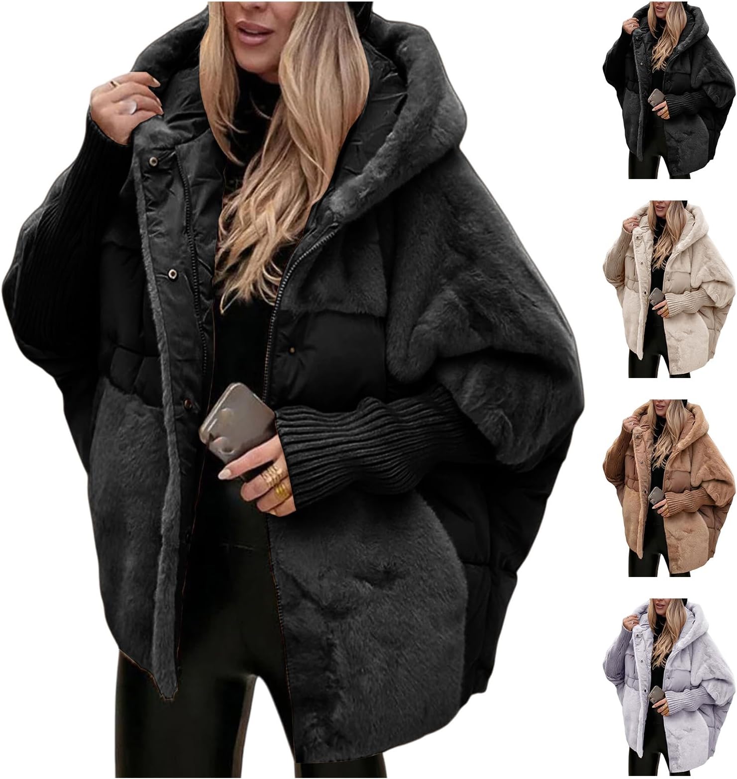 Winter Coats for Women Oversized Hooded Patchwork Puffer Coat Casual Zip Up Padded Jackets Winter Warm Outerwear