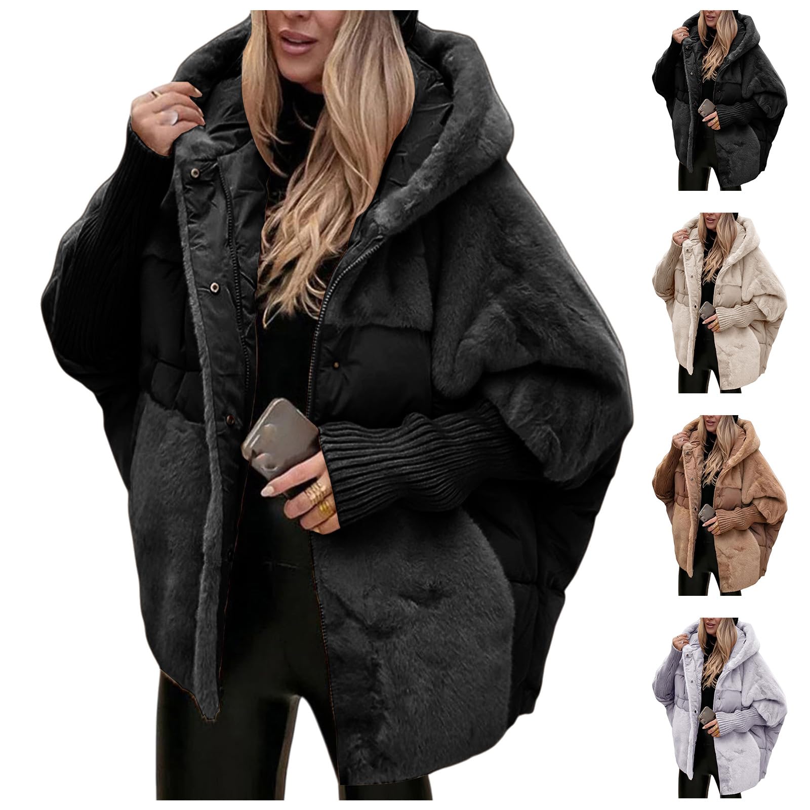 Toumov Hooded Puffer Coat for Women Patchwork Padded Down Jacket Winter Warm Padded Hoodies Trendy Puffer Jacket Outerwear