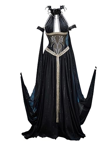 MEOWCOS Gothic Vampire Bride Outfit Set Black Dress Elegant Cape Cosplay Costume with Decorative Chain - Black - Small