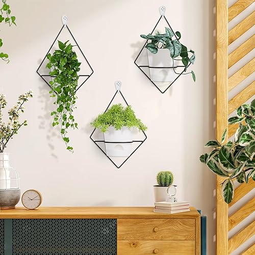 Miniatura 3 de 3 juegos de macetas de pared para plantas de interior, maceta colgante de pared con soporte de metal negro, macetas geométricas de pared con riego