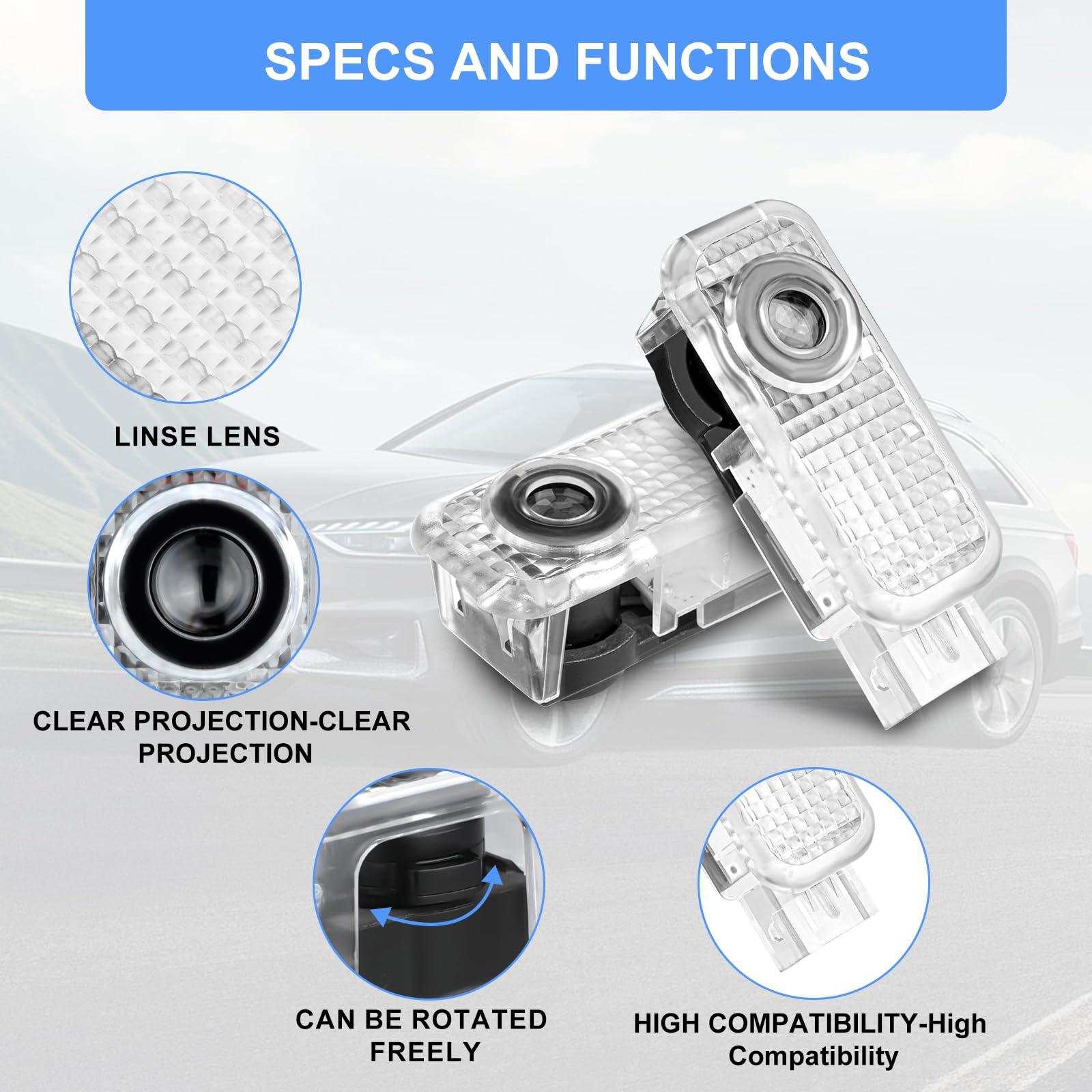 Lot De 4 Projecteurs Logo Portière LED Pour Audi A1 A3 A4 A5 A6 A7 A8 Q2 Q3 Q5 Q7 Q8 TT R8 – Lumière D’Accueil Voiture