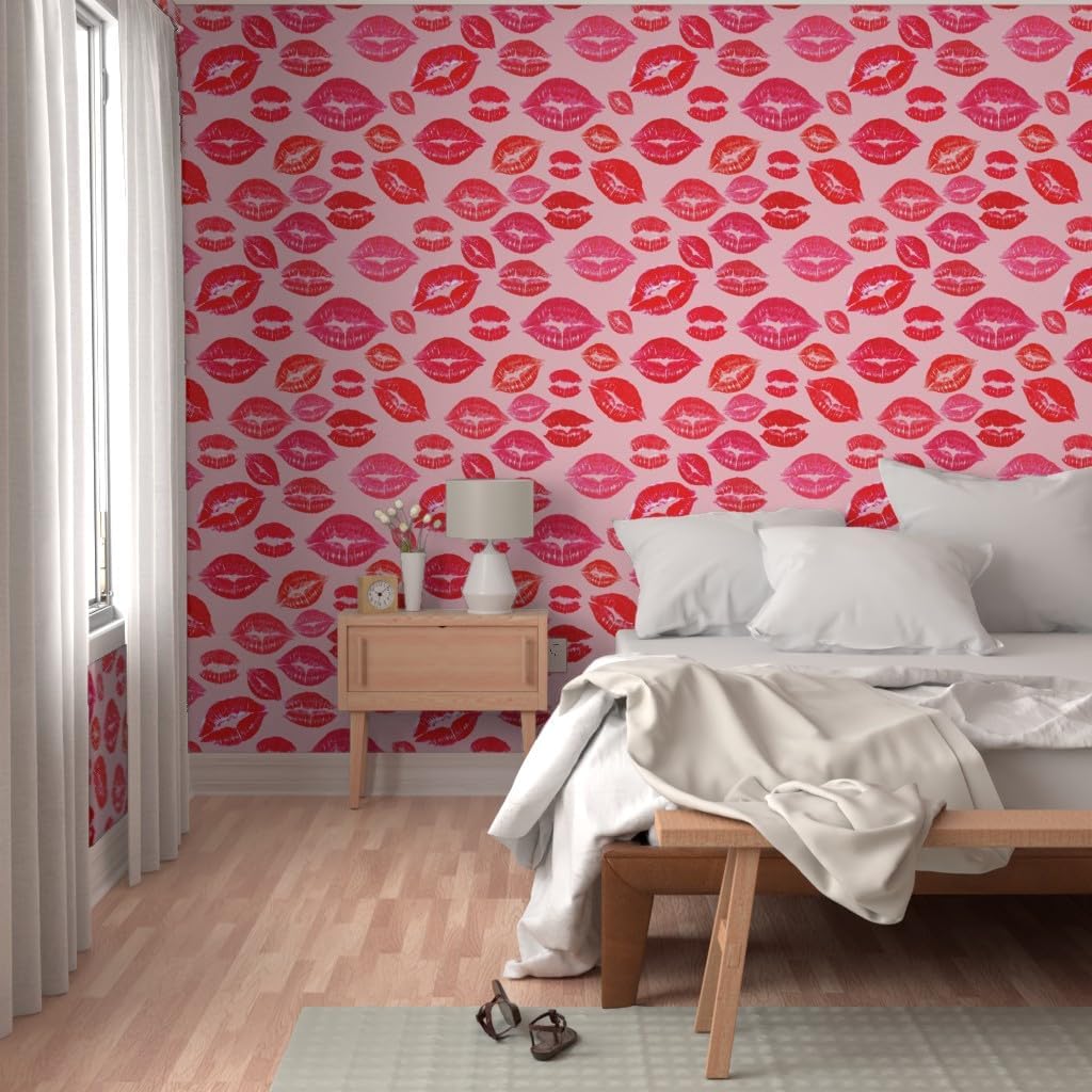 Peel & Stick Wallpaper 3ft x 2ft - Lipstick Kiss Kitsch Valentine Kisses Valentine's Day Love Pink Red Romance Sweet Custom Removable Wallpaper by Spoonflower