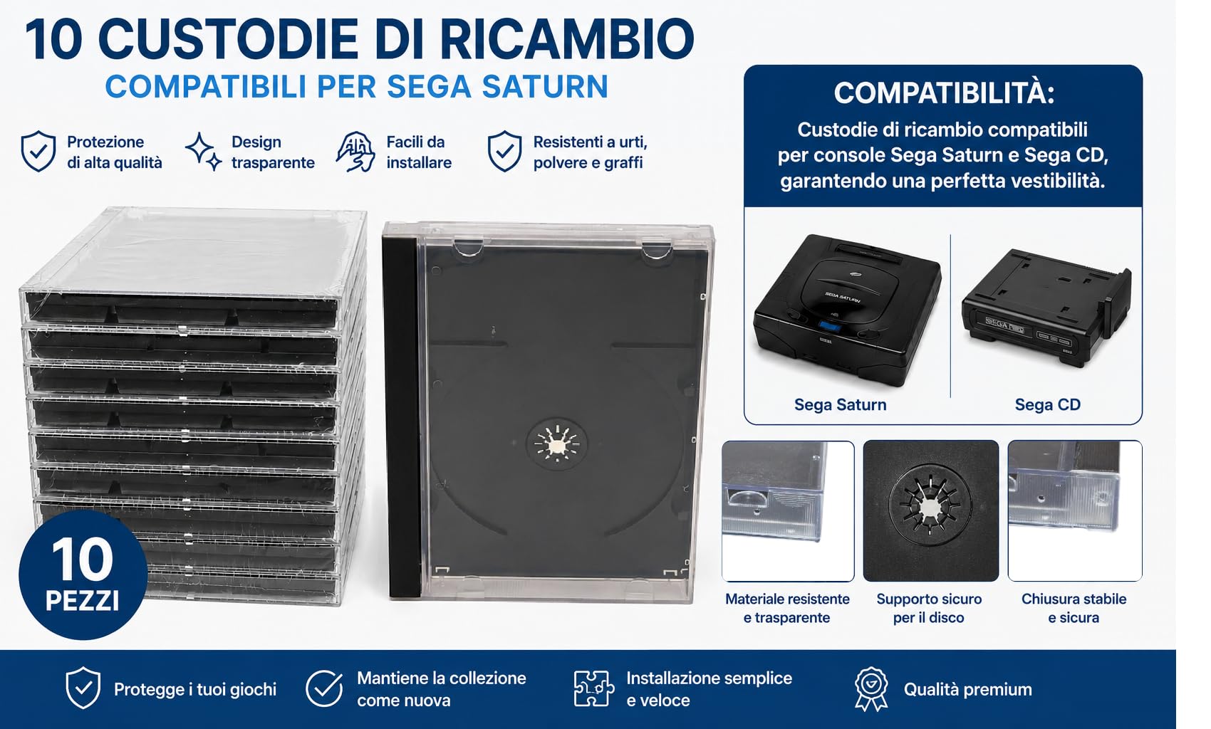 10 x Custodie Protettive di Ricambio compatibili con Sega Saturn e Sega CD, Custodie per Videogiochi