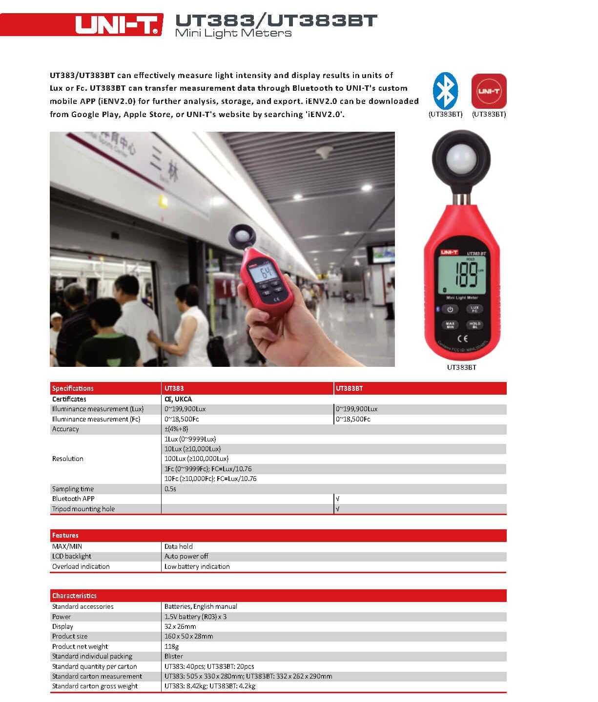UNI-T UT383BT Mini Light Meters with Certificates: CE, UKCA 200,000 LUX Digital Luxmeter Luminance Lux Fc Test Max Min Illuminometers Photometer