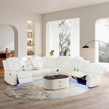 Power Reclining Sectional Sofa, Living Room Furniture Set with USB Chargers and Storage Console, Leather Recliner Sofa for Living Room/Apartment/Office/Home Theather Creamy