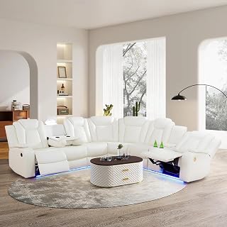 Power Reclining Sectional Sofa, Living Room Furniture Set with USB Chargers and Storage Console, Leather Recliner Sofa for Living Room/Apartment/Office/Home Theather (Creamy)