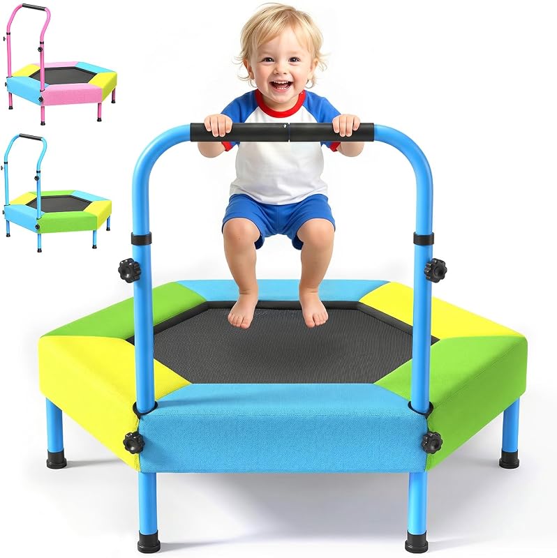 Toddler Trampoline for Kids with Foam Handle | Anti-Tilt Frame & Thick Padded Spring Cover, Indoor Outdoor Mini Trampoline, Easy Assembly Active Play Toy for Boys Girls