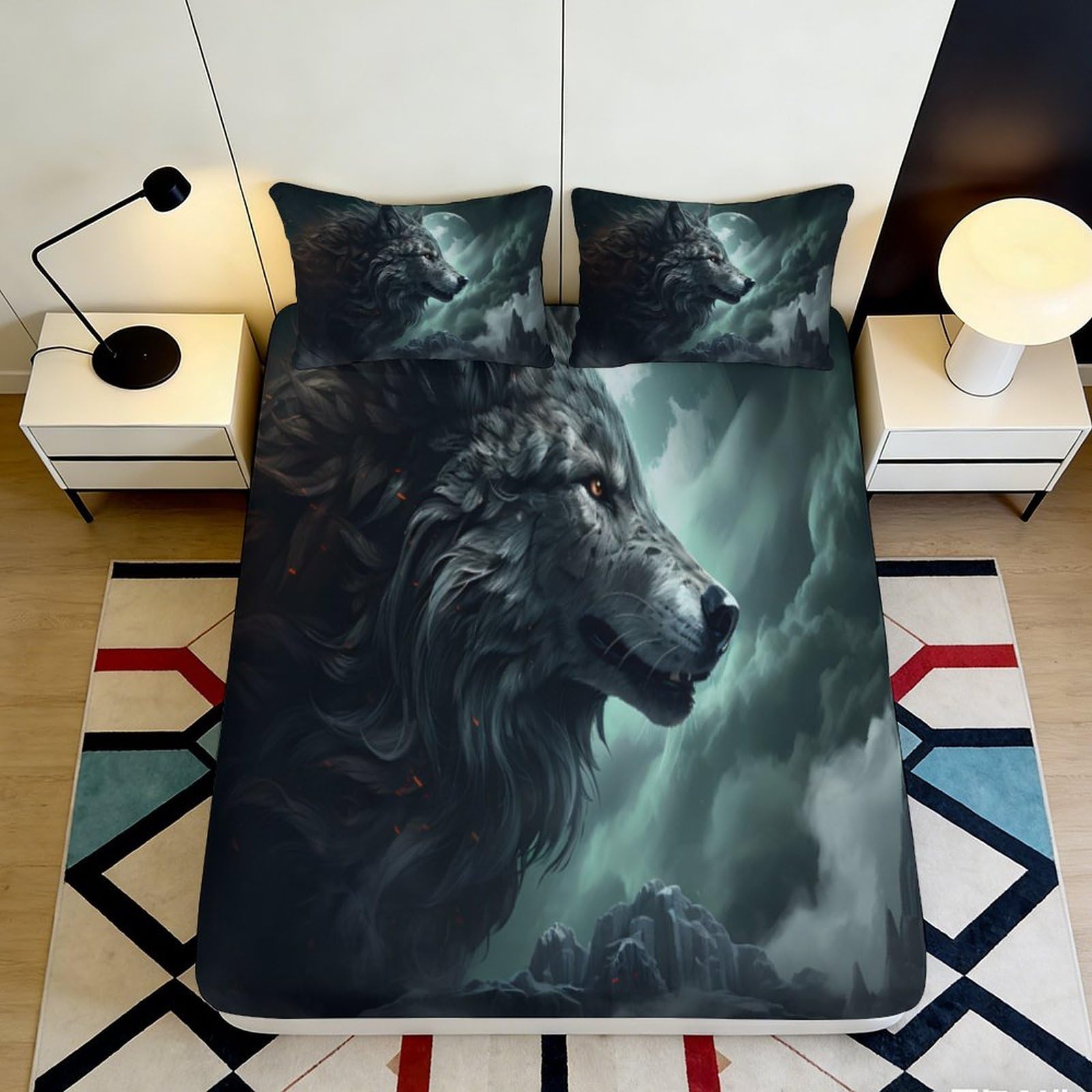 3D Printed Dark Wolf Fitted Sheet Microfiber Soft Deep Forest Bed Cover Anti-Slip Machine Washable Room Decor for Adults Teens 120x200x25cm