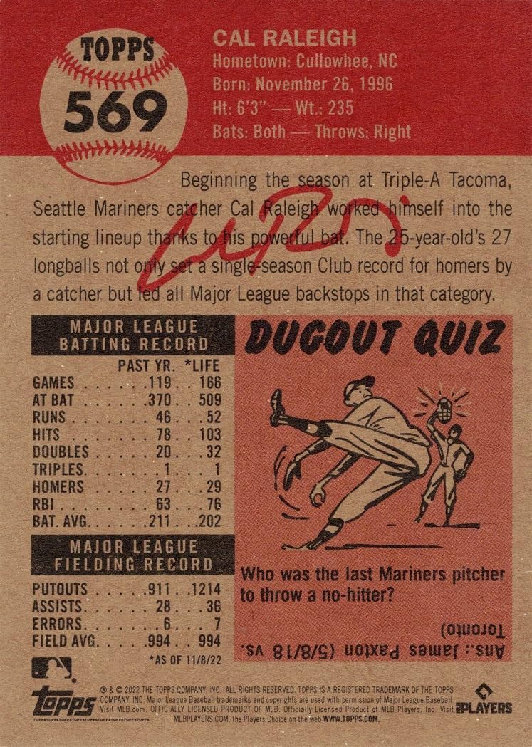 2022 Topps Living Set Baseball #569 Cal Raleigh Rookie Card Mariners - Only 2,136 made!