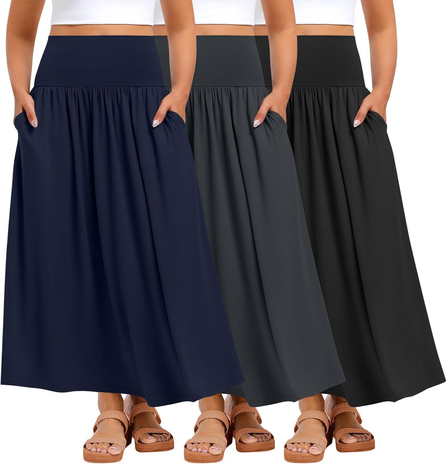Ficerd 3 Pack Plus Size Maxi Long Skirts for Curvy Women, Ankle Length a Line Pleated High Waisted Summer Skirts with Pocket