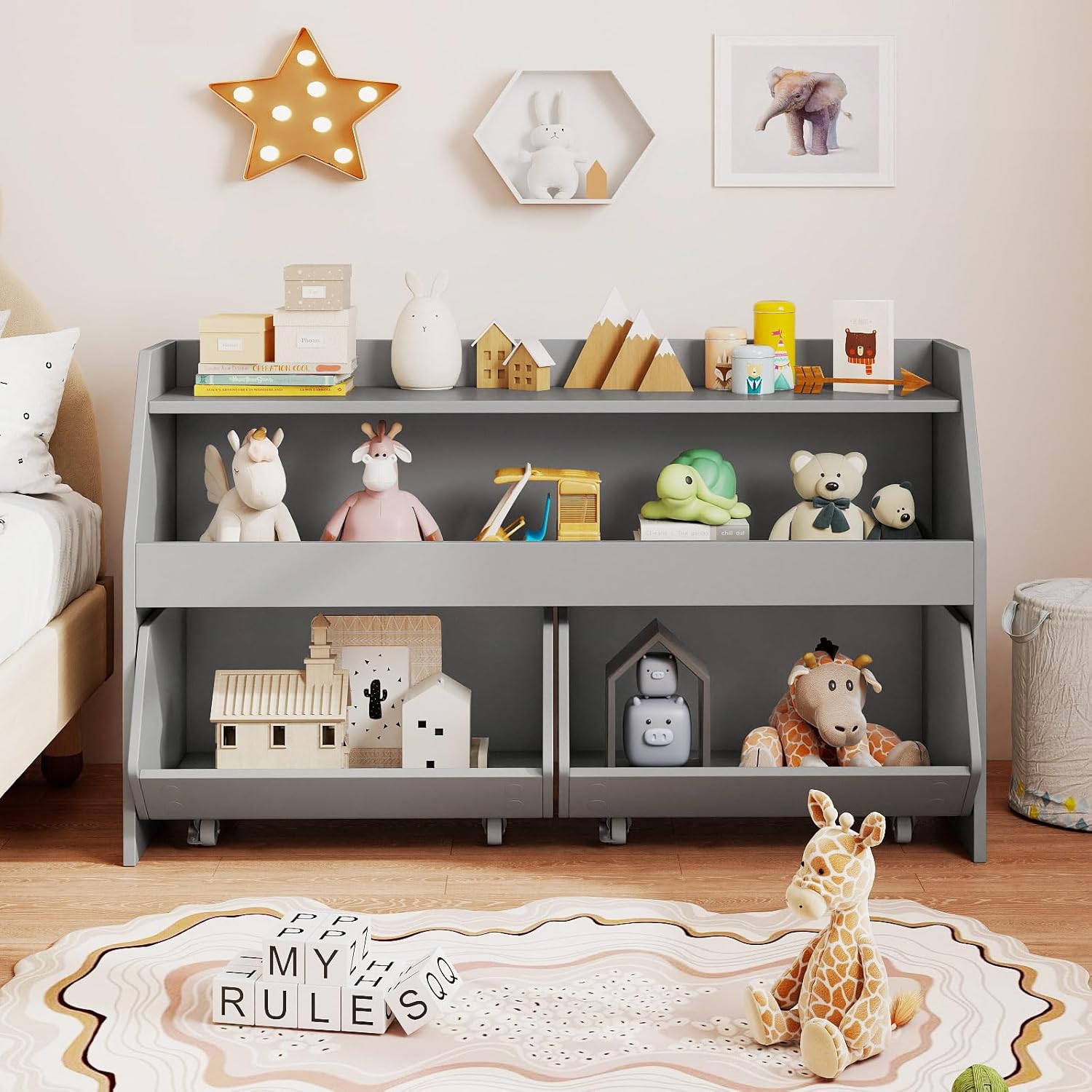 Costzon Toy Storage Organizer for Kids, Toy Cabinet w/ 2 Rolling Drawers, Lockable Wheels, Open Shelf & Anti-toppling Kit, Toddler Toy Shelf for Playroom, Kids’ Room, Nursery, Daycare (Grey)