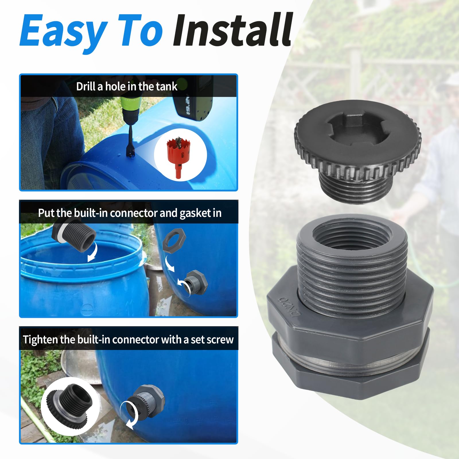 Kit de montaje de mamparo de barril de lluvia, conector de tanque de agua con enchufe y herramienta de sierra perforadora, kit de conector de espiga de PVC de 3/4 pulgadas para barriles de lluvia,