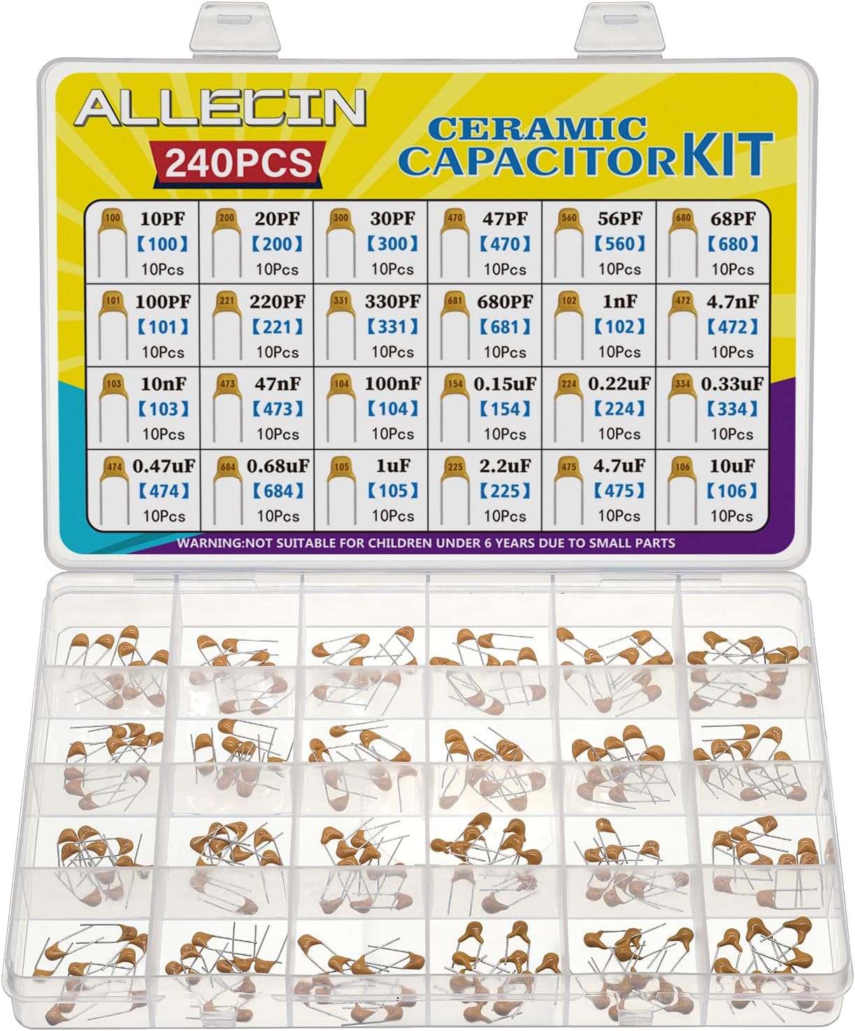 24 Values Monolithic Ceramic Capacitor Assortment Kit 10pF 20pF 30pF 47pF 56pF 68pF 100pF 330pF 680pF 1nF 4.7nF 10nF 47nF 100nF 0.15uF 0.22uF 0.32uF 3uF 0 .47uF 0.68uF 1uF 2.2uF 4.7uF 10uF