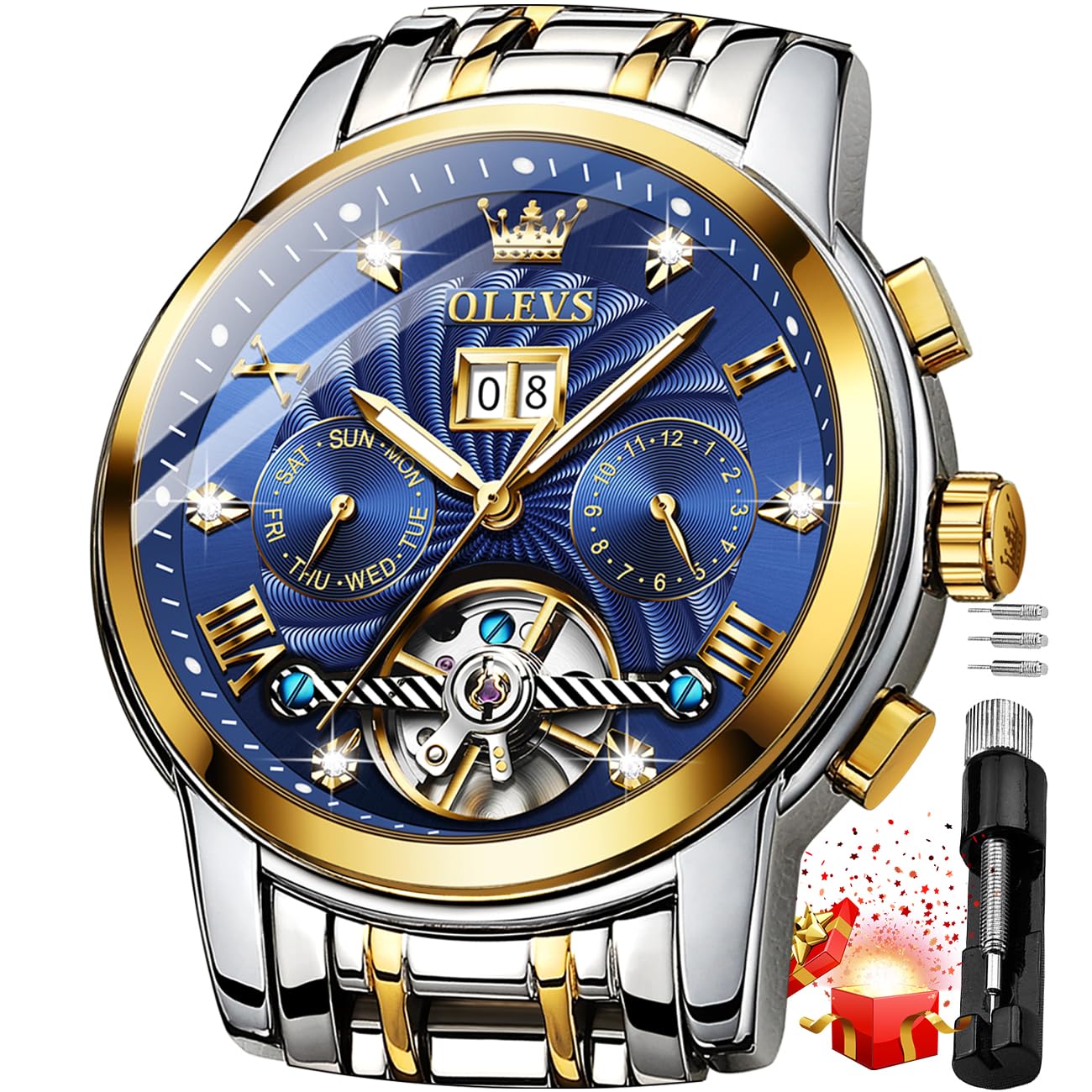 OLEVS Mens Automatic Watches Blue Starry Sky Skeleton Tourbillon Self Winding Mechanical Luminous Luxury Dress Wrist Watch Gifts, Silver Band & Blue dial price in Saudi Arabia | Amazon Saudi Arabia
