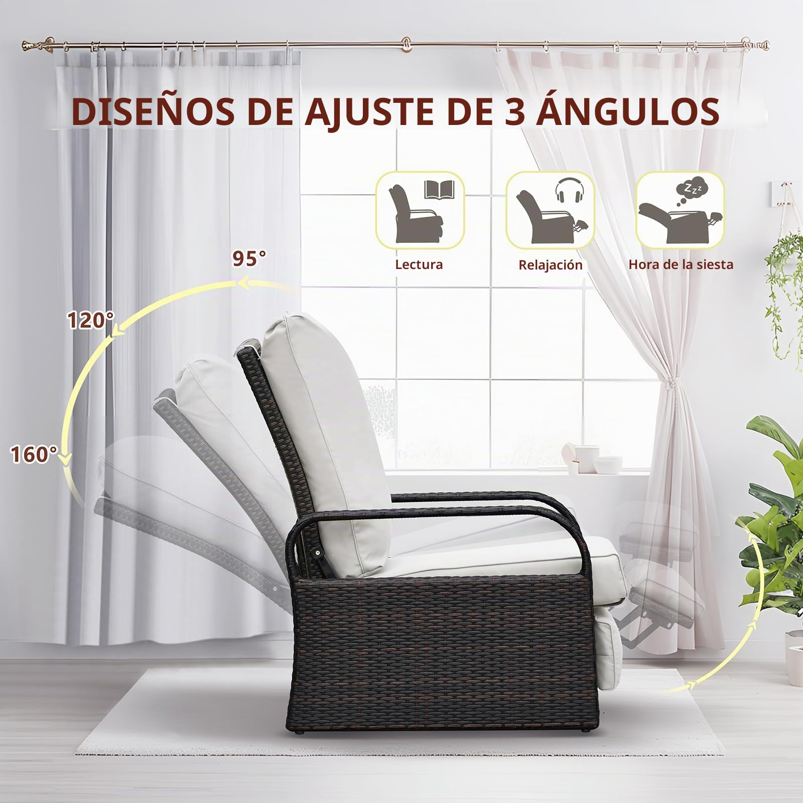 ART TO REAL Silla reclinable de Mimbre de Resina para Exteriores con Cojines