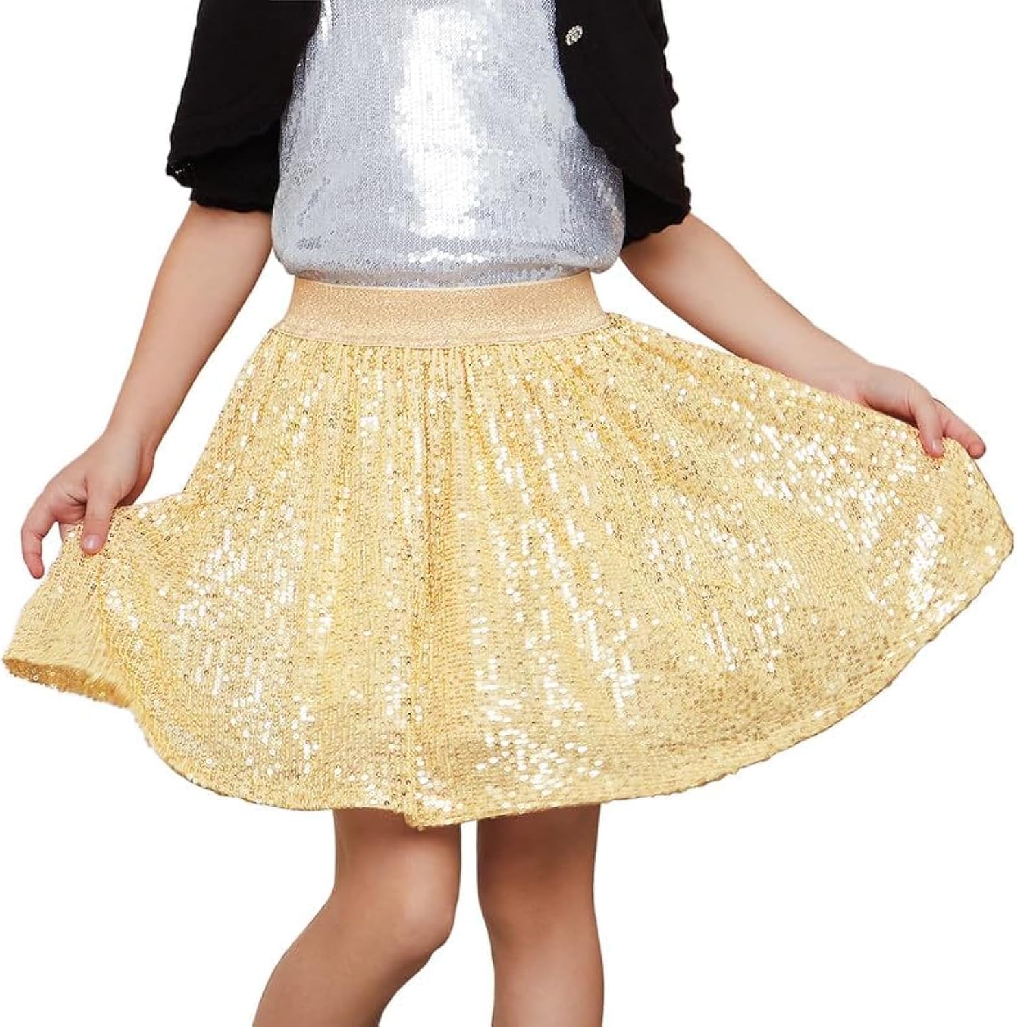 Mirawise Girls Metallic Sequin Skirt Sparkle Shiny Pleated Skirts Dance Outfit Elastic Waist Skorts Size 6-13