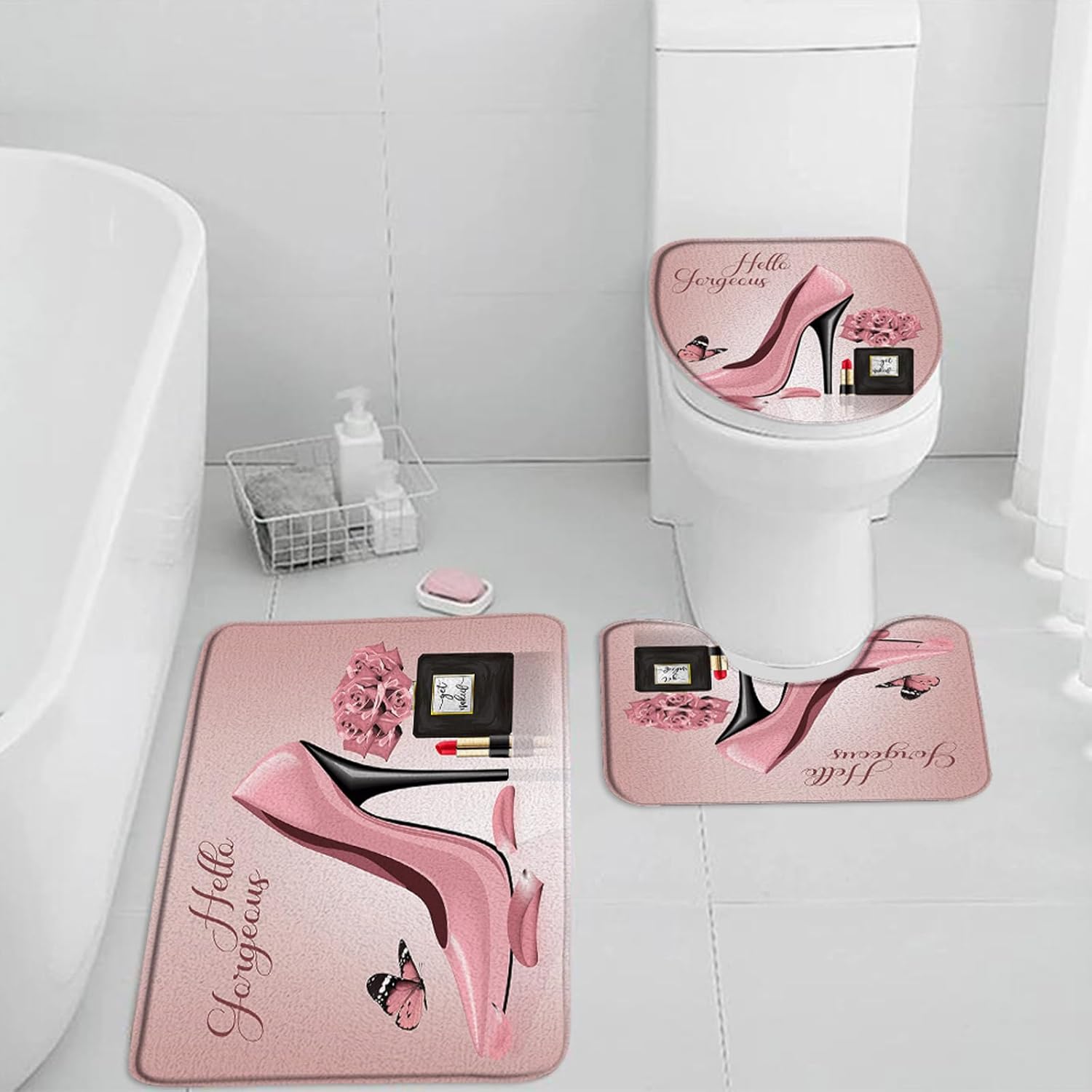 3 Pieces Set Flower Butterfly Bath Mat Hello Gorgeous Fashion Girl Black Perfume Bottle Lipstick Pink High Heel Rose Floral Romantic Lover Woman Bathroom Rugs Toilet Lid Cover Pedestal Rug U-Shaped