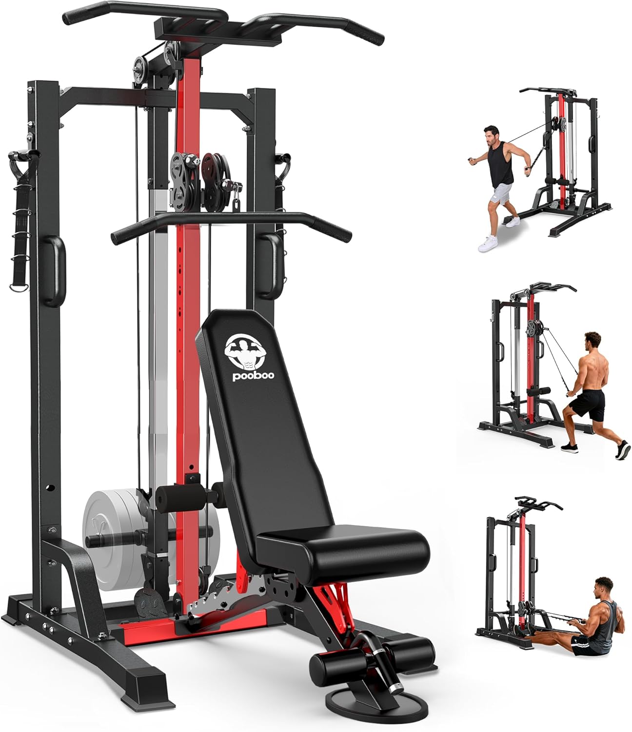 pooboo 450LBS Multi-Function Adjustable Smith Machine with LAT-Pull Down System, Power Cage for Home Gym Cable Crossover, Squat Rack of Workout Machine Training Equipment, Dip Bars, Armrest Pads