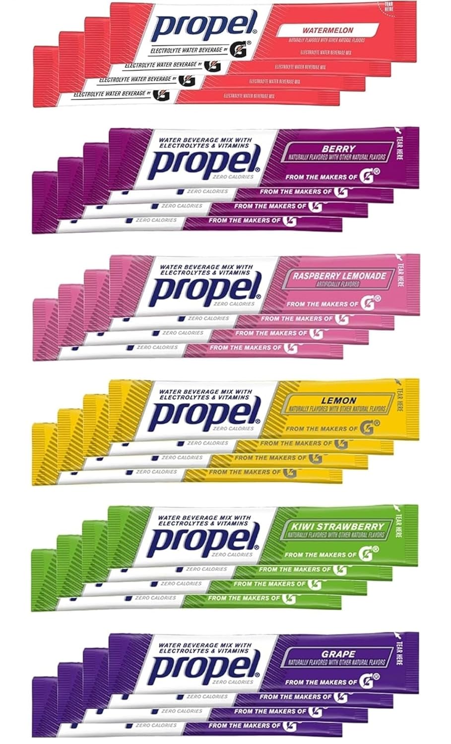 Propel Powder Packets 6 Flavor Variety Pack With Electrolytes, Vitamins and No Sugar 24 Count