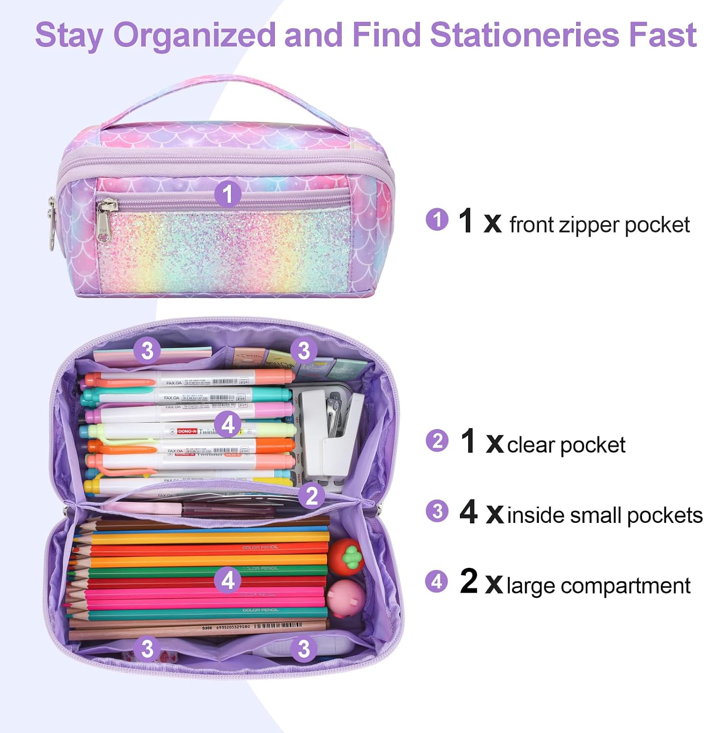 Large Pencil Case for Girls, Aesthetic Pencil Pouch for School, Wide Opening Organizer Box with Handle, Fits 50 Pens & Markers (Glitter Purple Mermaid) image 4