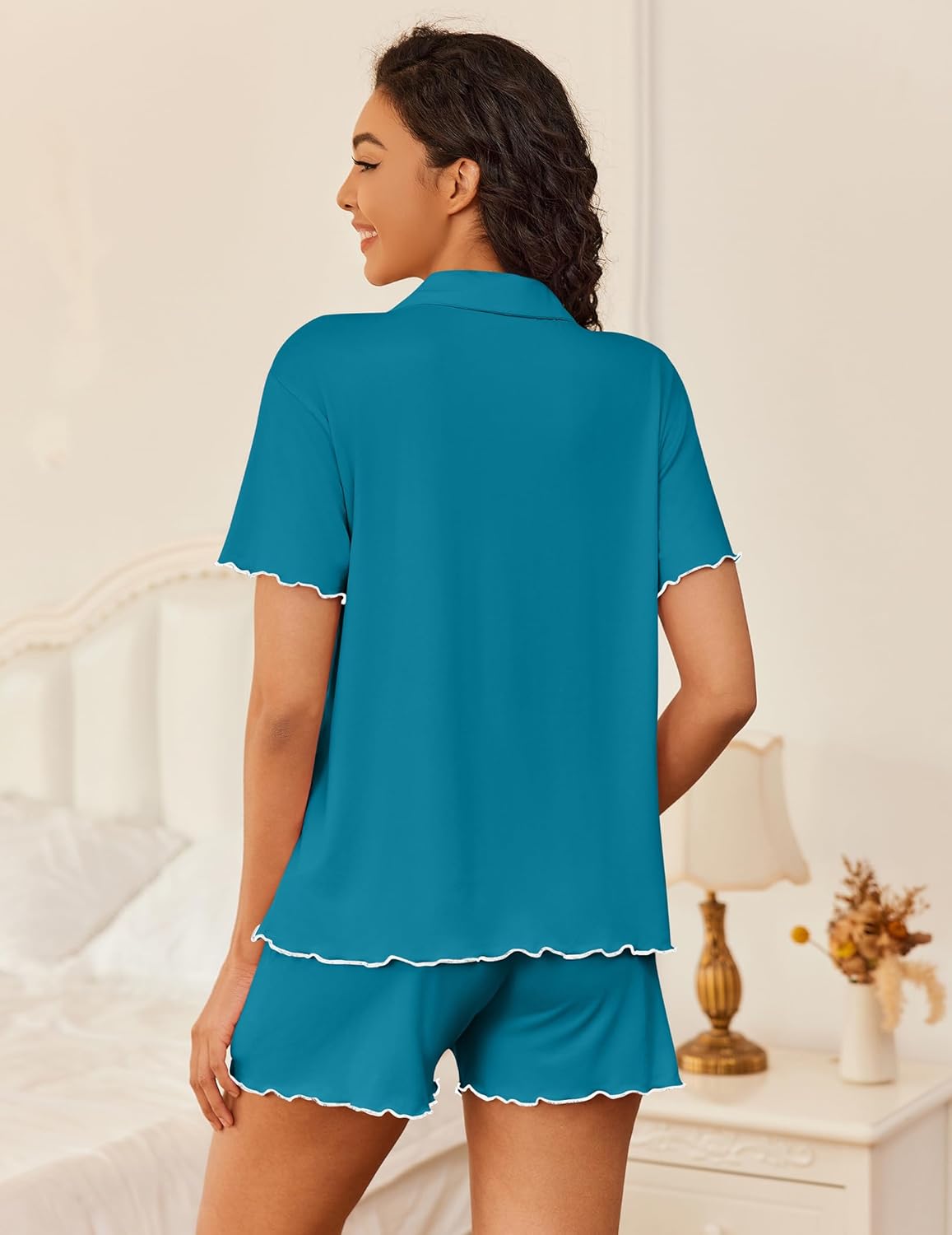 Ekouaer Womens Pajama Sets Button Up Bride Pjs Set 2 Piece Soft Sleepwear Short Sleeve Lounge Sets with Shorts, S-XXL - Image 3