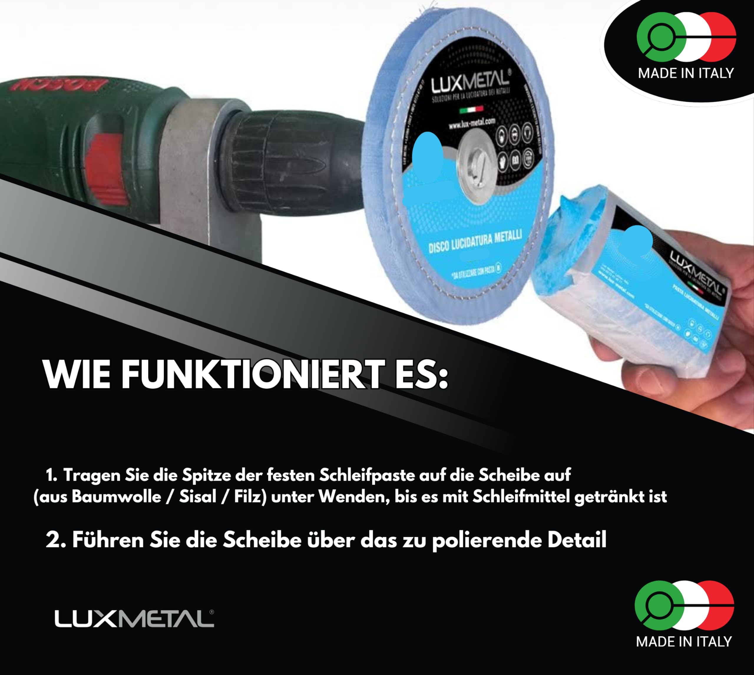 Lux Metal 4 polierpaste 350 g - 4 Polierscheibe 200 mm, Polierset set DIY kit Schleifpaste Metal Aluminium Bank Poliermaschine, Edelstahl, Messing, Kupfer, Holz, Kunststoff, schleifmaschinen, messer