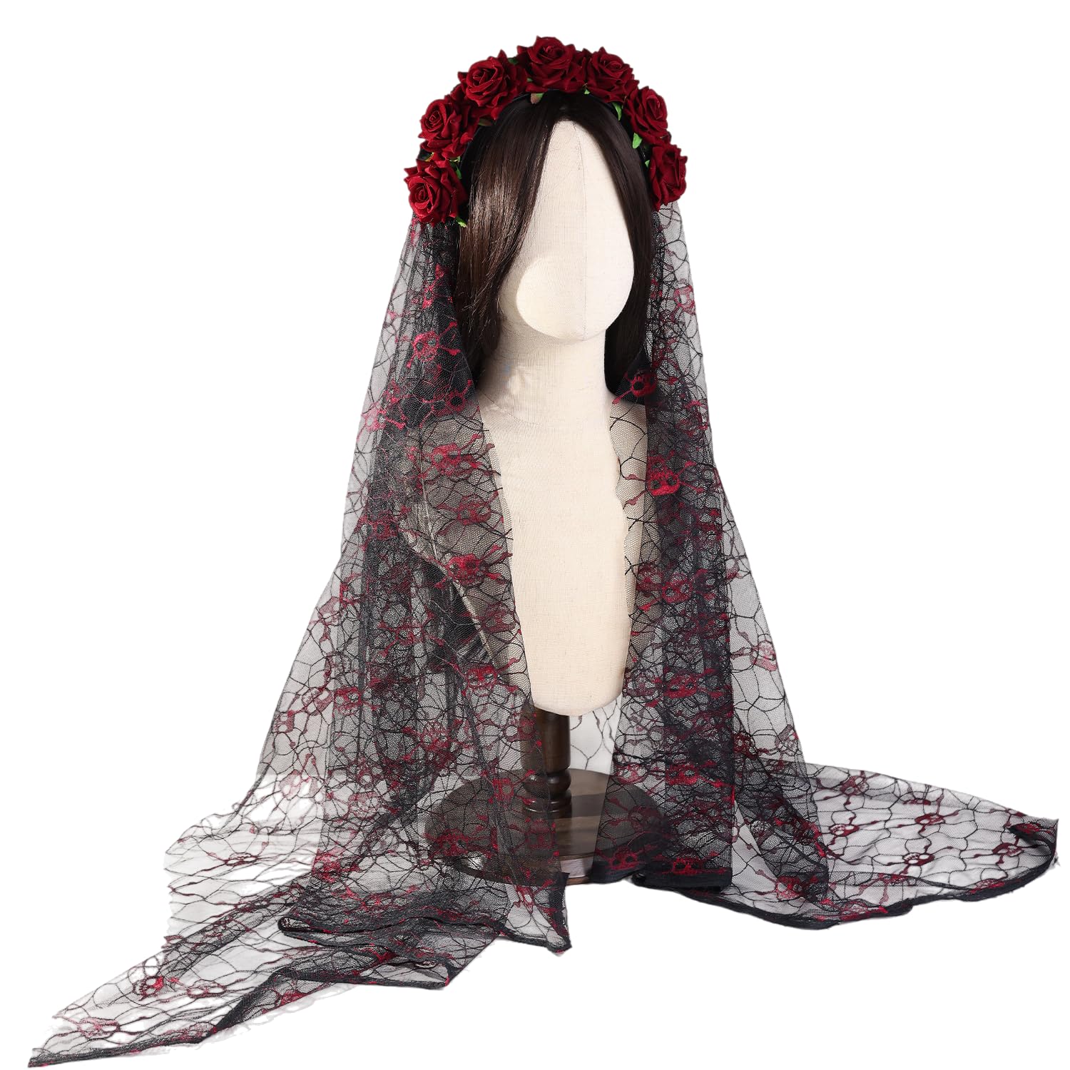 JIAHG Gothic Rose Headband with Black Veil, Spiderweb Lace Flower Crown, Lolita Cosplay Hair Accessories for Women & Girls