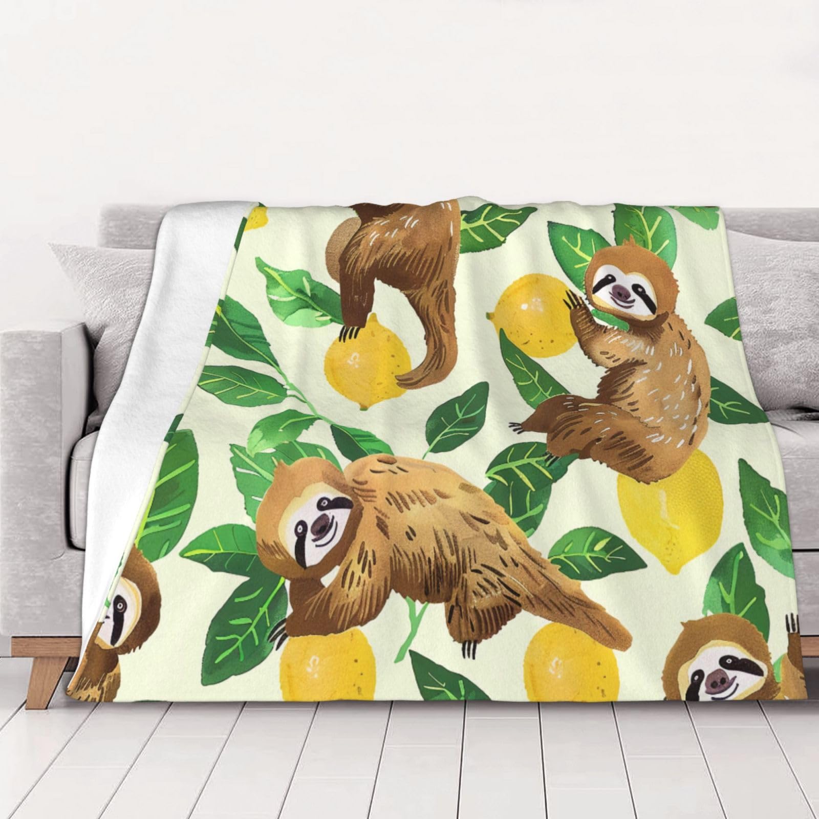 AUBKFELD Cute sloths on yellow lemons Printed Flannel Blanket 125x100 CM, Soft & Warm Throw Blanket for Sofa/Couch/Bed/Car, Gifts for Audlts Women Men