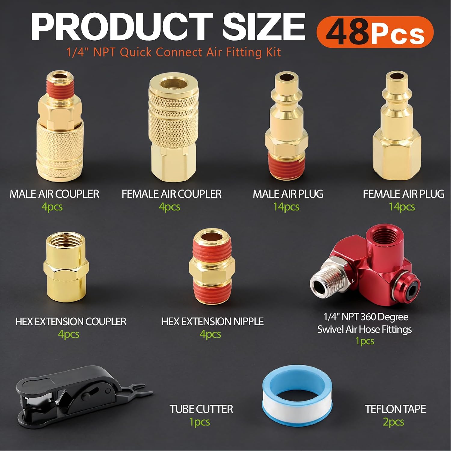 48PCS 1/4" Brass Male Female Air Hose Fittings Kit, NPT Thread Quick Connect 1/4 Inch Air Line Coupler Plugs with 1Pcs 360 Degree 1/4" Air Hose Fittings for Industrial