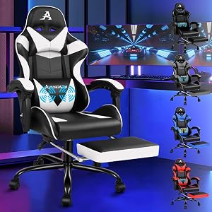 ALFORDSON Sedia Gaming Massaggiante, Sedia Professionale Gamer con Cuscino Lombare & Poggiatesta, Poltrona Ergonomica da Ufficio con Poggiapiedi, Regolabile 90-150°, Portata 180 kg, Similpelle(Bianca)
