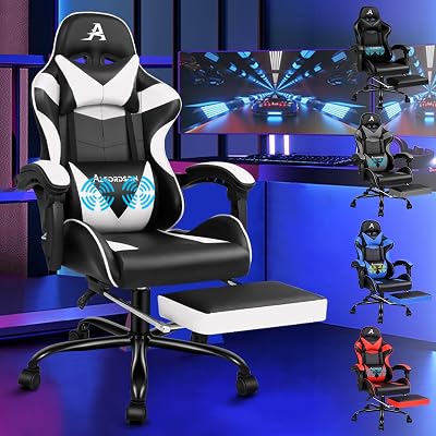 ALFORDSON Sedia Gaming Massaggiante, Sedia Professionale Gamer con Cuscino Lombare & Poggiatesta, Poltrona Ergonomica da Ufficio con Poggiapiedi, Regolabile 90-150°, Portata 180 kg, Similpelle(Bianca)
