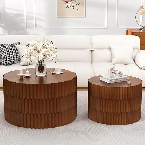 Miniatura 9 de Juego de 2 mesas de centro anidadas redondas modernas, mesa de café pequeña redonda, mesa auxiliar de travertino, mesa de centro pequeña, mesas