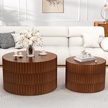 26" Black Round Fluted Nesting Coffee Table Set of 2 Black Large | for Living Room, Circle Side End Table, Nested Design, Mid Century Modern Circular Style, Non-Slip Pads, For Small Spaces