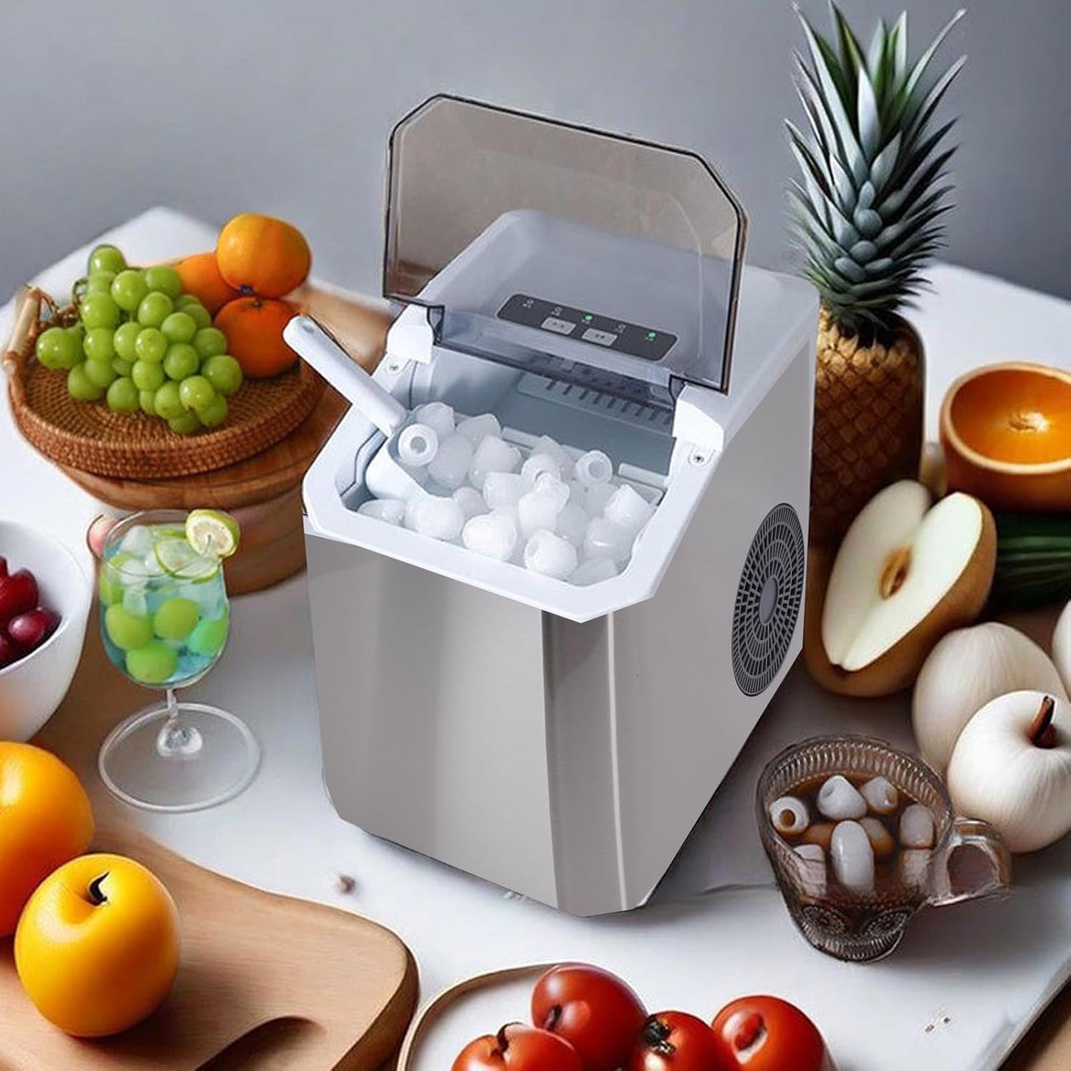 Goshyda Small Portable Ice Maker Countertop with One Key Operation, Silent Design for Household Kitchen Bar Stainless Steel (US Plug 110V)