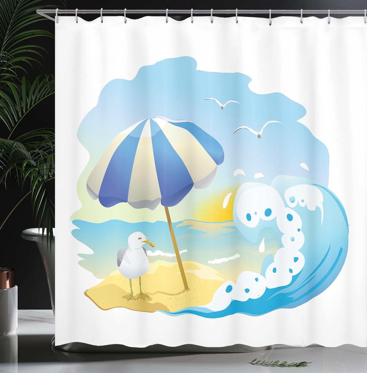 Ambesonne Seagulls Shower Curtain, Seagull at The Beach with Umbrella Waves Sand at Seaside Sunny Sky Cartoon Print, Cloth Fabric Bathroom Decor Set with Hooks, 69" W x 75" L, Multicolor