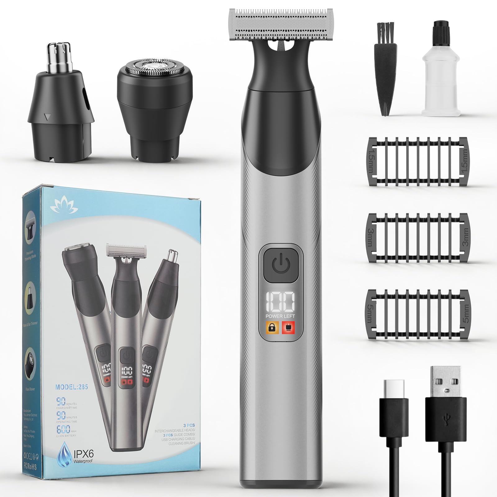 QREEYX Rasoio 3 in 1 per barba e corpo, IPX6 impermeabile, kit per la toelettatura all-in-one, lama a doppio lato, testine magnetiche staccabili, display a LED, ricarica di tipo C, rasoio asciutto