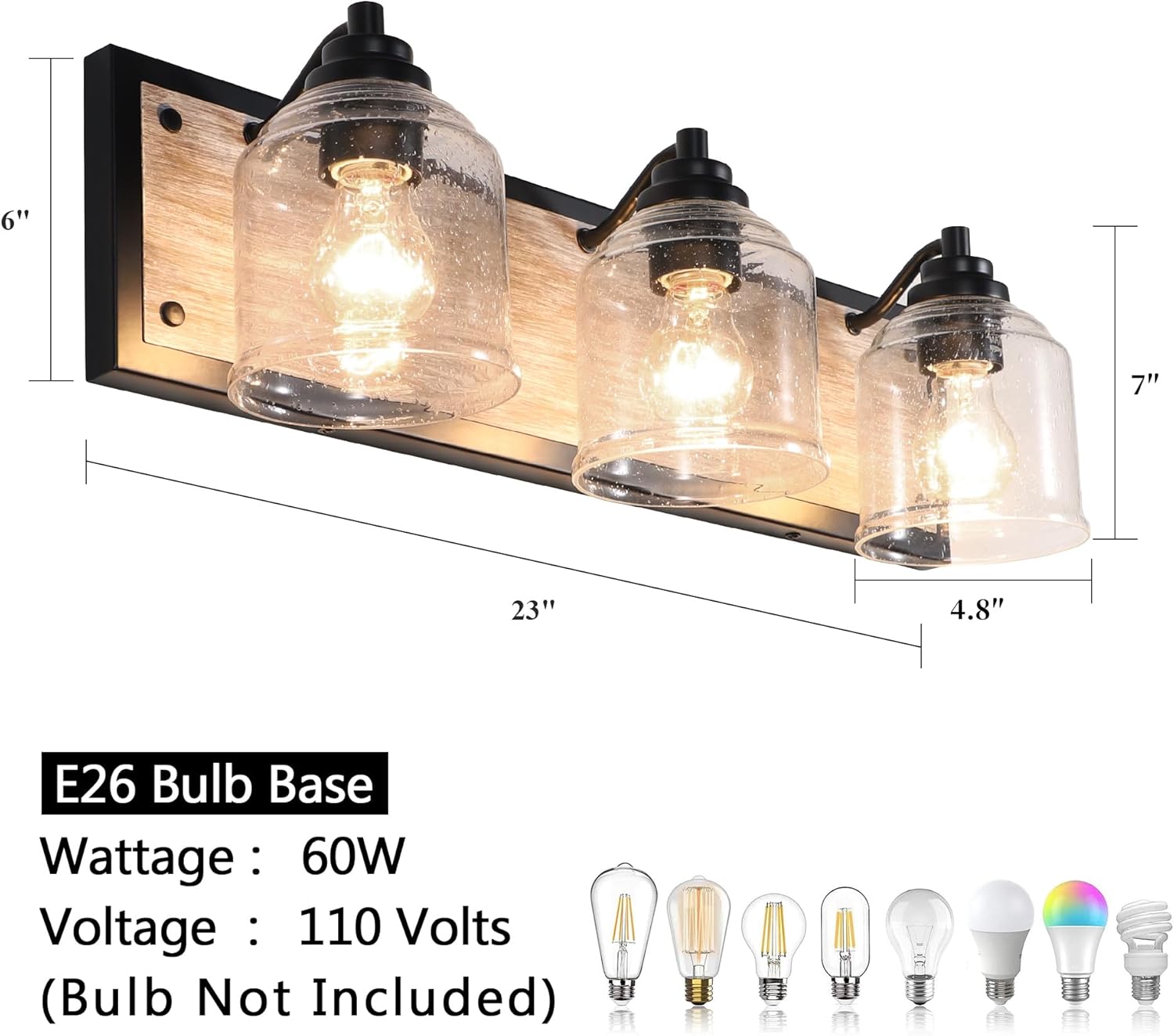 vanity lights for bathroom large 23", farmhouse rustic vanity light with bubble glass shades, gray 3 light bathroom lighting fixtures over mirror, bath wall sconce home decor grey metal 3-light