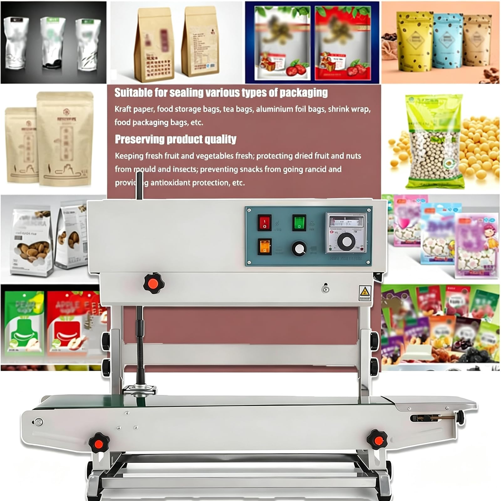 Máquina Selladora Térmica Comercial, Selladora Vertical De Banda Continua Para Bolsas De Plástico De 0,02 A 0,8 Mm De Espesor, Impresión Multirrueda Y Control De Temperatura Mediante Puntero.