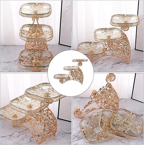 Miniatura 5 de Soporte de 3 niveles para tartas para fiesta de té, plato de frutas de vidrio con estante de hierro, soporte de postre para magdalenas, bandeja de