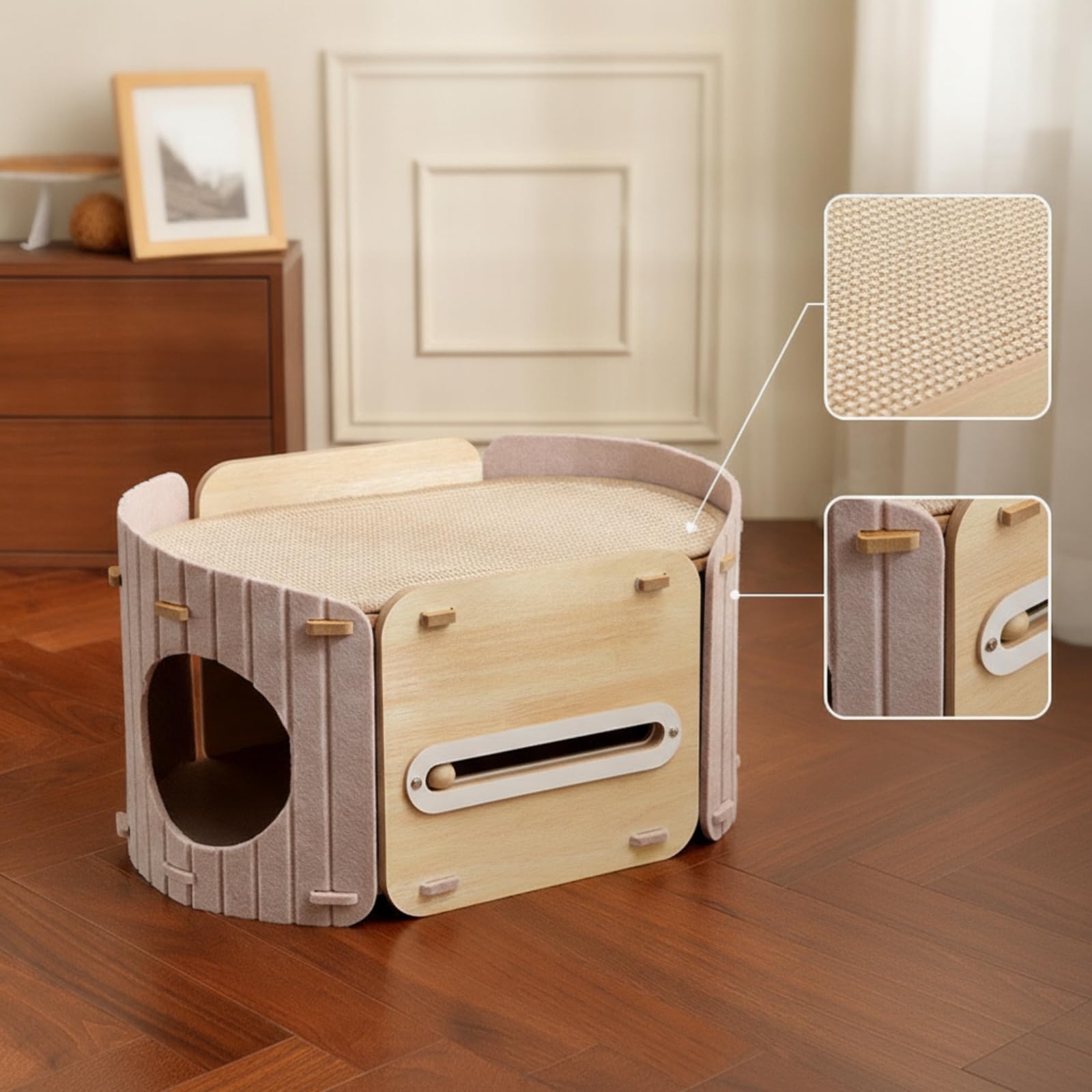 Qianly Casetta Tiragraffi Accogliente Cuccia in Feltro Basso Cuccia con Palla da Gioco per Gatti, Gattini, Salotto