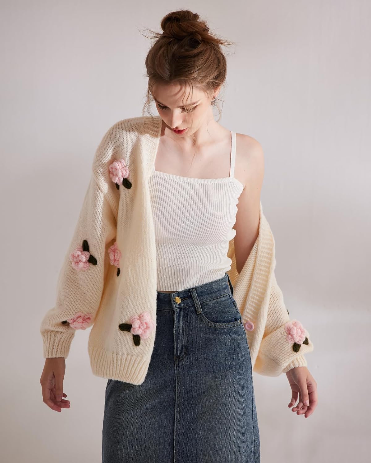 Cardigan Sweater for Women, Long Sleeve V-Neck Button Knit Flower Outfit - Image 4