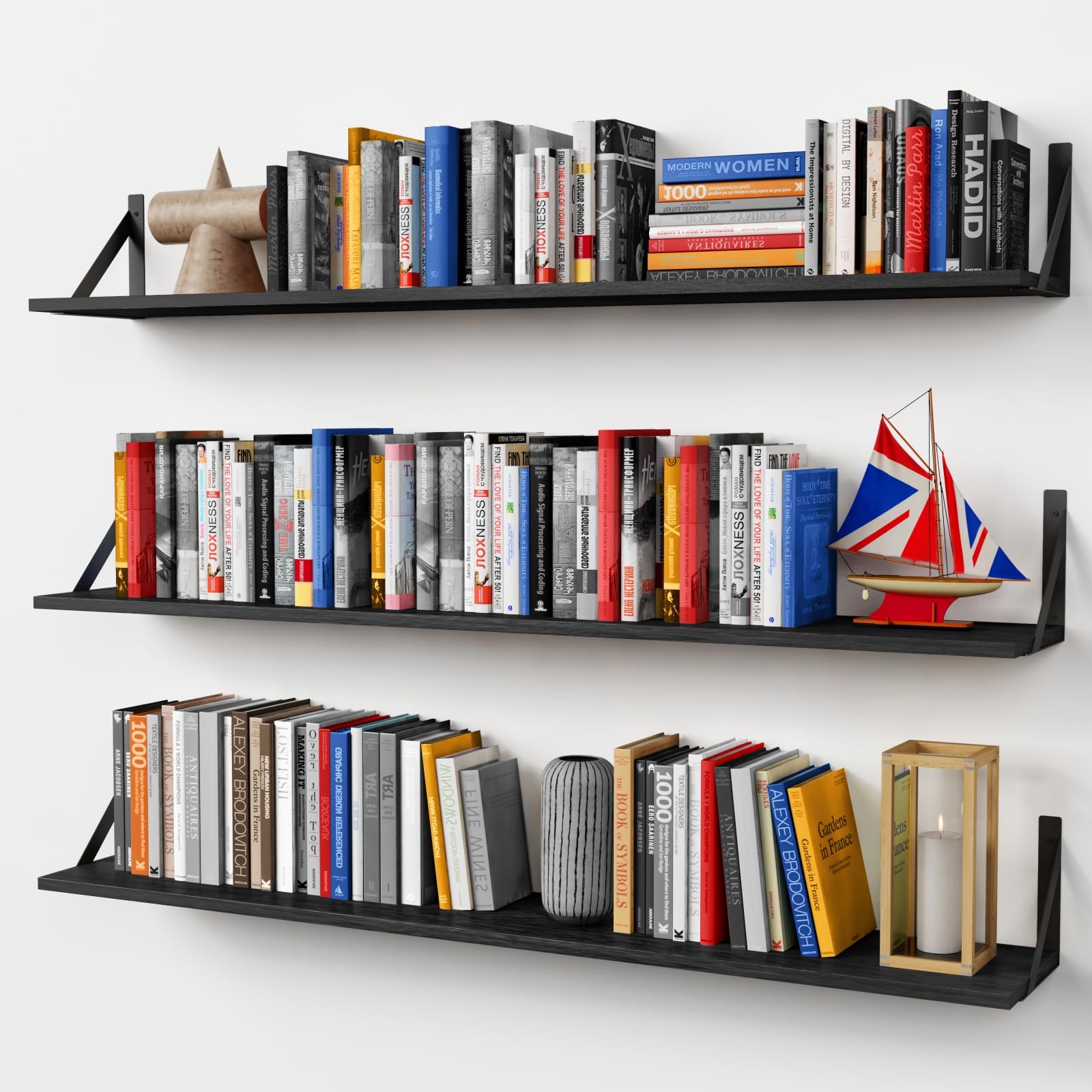 Forbena 48 Inches Long Floating Book Shelves for Wall Set of 3, Black Wall Bookshelves for Living Room, Large Heavy Duty Wood Wall Mounted Hanging Bookshelf for Bedroom Office Library Classroom